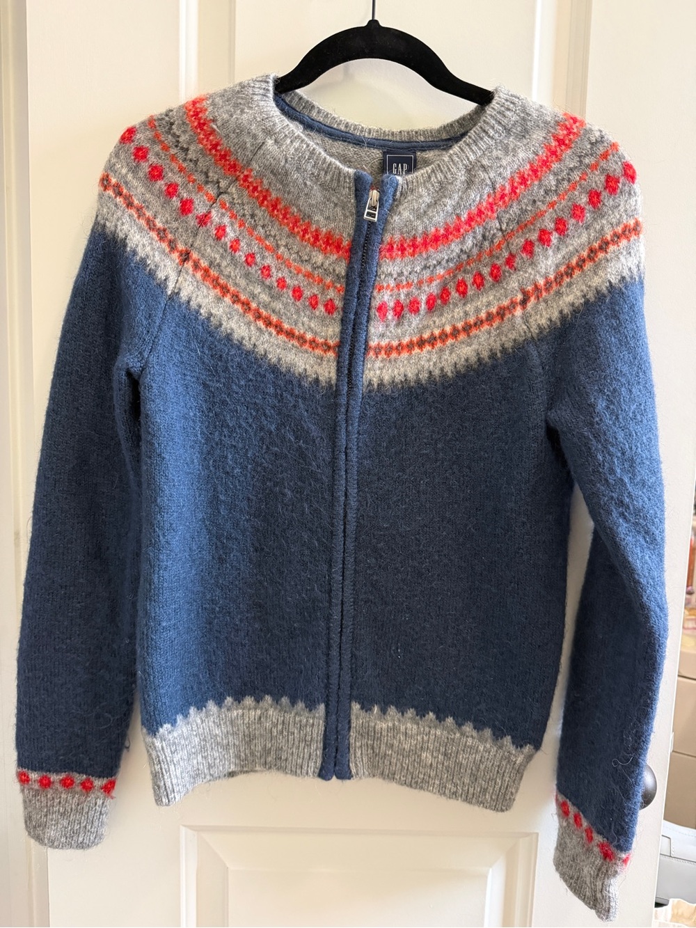 GAP Blue Fair Isle Zip Cardigan with Coral & Gray Accents